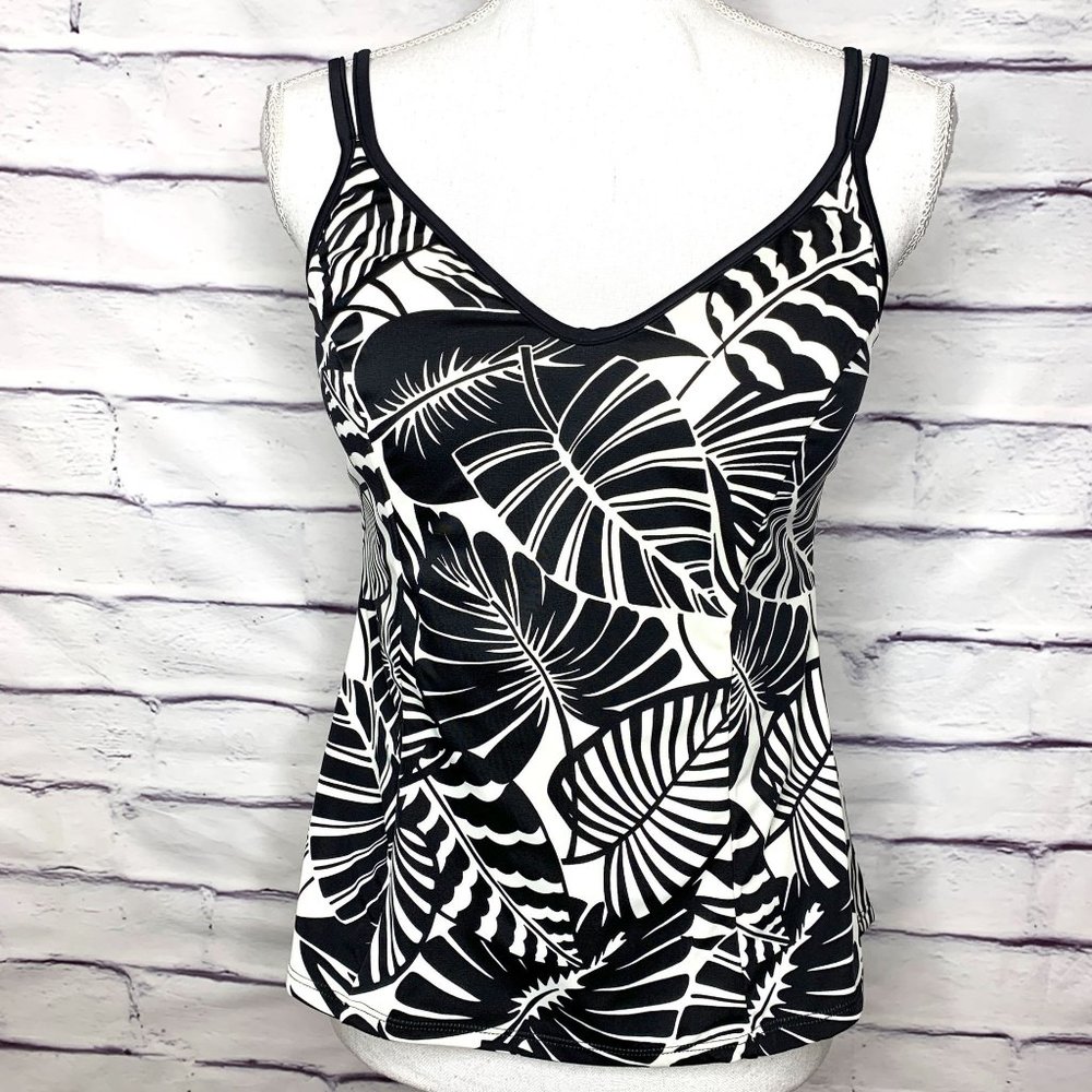 Miraclesuit Black & White Palm Leaf Print Tankini Swimsuit Top Size 12